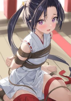 1boy arms_behind_back backlighting bare_legs barefoot bdsm black_hair blush bondage bound bound_ankles bound_arms bound_torso commentary floating_hair from_above houjou_tokiyuki_(nige_jouzu_no_wakagimi) japanese_clothes kimono long_hair looking_at_viewer looking_up low-tied_long_hair male_focus motoyui nige_jouzu_no_wakagimi open_mouth parted_bangs ponytail purple_eyes raised_eyebrows red_ribbon red_skirt ribbon ribbon-trimmed_sleeves ribbon_trim rope scene_reference shibari shibari_over_clothes short_kimono sidelocks_tied_back sitting skirt sleeveless solo sweat thighs untied_ribbon unworn_skirt very_long_hair wariza white_kimono wooden_floor worried yahako