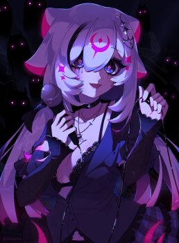 1girl absurdres bao_the_whale bao_the_whale_(rock_star) black_bra black_choker black_eyes black_nails black_shirt black_skirt blue_hair bra breasts cable choker cleavage crazy_eyes hair_between_eyes heart heart-shaped_pupils highres holding holding_microphone indie_virtual_youtuber lace lace-trimmed_bra lace_trim long_hair looking_at_viewer medium_breasts microphone moreeechka pink_hair sharp_teeth shirt skirt solo symbol-shaped_pupils teeth twintails underwear virtual_youtuber