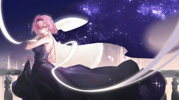 1girl alternate_costume bare_shoulders black_dress black_hairband blue_eyes breasts chinese_commentary commentary_request dress elf elysia_(honkai_impact) hairband highres honkai_(series) honkai_impact_3rd medium_breasts night night_sky pink_hair pointy_ears seawave02974 short_hair sky solo star_(sky) starry_sky