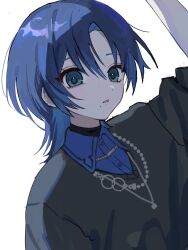 Rule 34 | 1girl, black sweater, blue eyes, blue hair, blue shirt, highres, hiodoshi ao, hololive, hololive dev is, jewelry, kanpa (coldwave knp), looking at viewer, necklace, parted lips, shirt, short hair, simple background, solo, sweater, upper body, virtual youtuber, white background