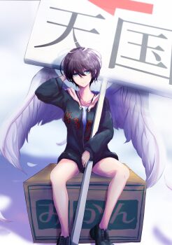 1girl absurdres arm_behind_head black_hair black_jacket black_shoes blue_eyes breasts character_request closed_mouth commentary_request copyright_request double-parted_bangs feathered_wings full_body hair_between_eyes highres holding holding_sign jacket karan_koron100 long_sleeves looking_at_viewer shoes short_hair sign sitting small_breasts solo white_background wings
