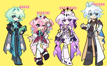 2boys 2girls absurdres anaxa_(honkai:_star_rail) anaxa_doodles antenna_hair aqua_eyes armor black_boots black_shoes blue_hair book boots bright_pupils castorice_(honkai:_star_rail) character_name coat colored_eyelashes dress eyepatch gradient_hair green_hair grey_pants hair_intakes hat highres holding holding_book holding_staff hyacine_(honkai:_star_rail) long_sleeves looking_at_viewer multicolored_hair multiple_boys multiple_girls pants panty_&amp;_stocking_with_garterbelt pantyhose parody phainon_(honkai:_star_rail) pink_hair purple_eyes purple_hair red_dress red_hat shoes short_hair shoulder_armor simple_background staff standing style_parody thigh_strap white_coat white_dress white_pantyhose white_pupils wrist_cuffs yellow_background
