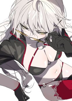 ahoge bikini black_bikini black_gloves black_jacket breasts cleavage commentary_request cropped_jacket fate/grand_order fate_(series) from_above gloves highres jacket jeanne_d'arc_alter_(fate) jeanne_d'arc_alter_(swimsuit_berserker)_(fate) large_breasts long_hair looking_at_viewer navel o-ring o-ring_bikini o-ring_bottom o-ring_top red_thighhighs removing_eyewear ri_o_ne_su shrug_(clothing) simple_background single_thighhigh swimsuit thighhighs tinted_eyewear white_hair yellow-tinted_eyewear yellow_eyes