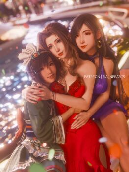 3girls aerith_gainsborough aerith_gainsborough_(red_dress) black_hair breasts brown_hair commentary crescent crescent_earrings dress earrings final_fantasy final_fantasy_vii final_fantasy_vii_rebirth final_fantasy_vii_remake group_hug highres hug japanese_clothes jewelry kimono multiple_girls official_alternate_costume official_alternate_hairstyle purple_dress red_dress red_nails ria_(baka-neearts) short_dress short_kimono side_slit smile strapless strapless_dress symbol-only_commentary thighs tifa_lockhart tifa_lockhart_(refined_dress) yuffie_kisaragi yuffie_kisaragi_(wutai_pop_star)