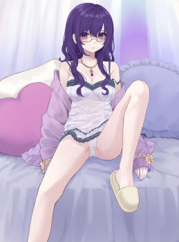 1girl absurdres aegyo_sal asahina_mafuyu bare_legs bare_shoulders bespectacled bow breasts brown-framed_eyewear cardigan cardigan_partially_removed cleavage commentary_request cross-laced_clothes cross-laced_sleeves curtains dress empty_eyes foot_out_of_frame frilled_pillow frills glasses gluteal_fold gold_necklace hair_between_eyes hair_down hair_over_shoulder heart heart-shaped_pillow highres indoors jewelry jishou_210 knee_up large_breasts long_hair long_sleeves looking_at_viewer nail_polish necklace open_cardigan open_clothes panties parted_lips pillow project_sekai puffy_long_sleeves puffy_sleeves purple_cardigan purple_eyes purple_hair purple_nails rectangular_eyewear short_dress sitting sleeve_bow sleeveless sleeveless_dress sleeves_past_wrists slippers solo spread_legs underwear wavy_hair white_dress white_panties yellow_bow yellow_slippers