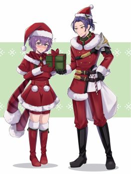 Rule 34 | 1boy, 1girl, bernadetta von varley, bernadetta von varley (winter), black boots, black eyes, black gloves, black hair, blush, boots, box, capelet, closed eyes, commentary, dress, english commentary, felix hugo fraldarius, felix hugo fraldarius (winter), fire emblem, fire emblem: three houses, fire emblem heroes, flying sweatdrops, fur-trimmed capelet, fur-trimmed dress, fur-trimmed sleeves, fur trim, gift, gift box, gloves, hat, highres, holding, holding sack, long sleeves, looking at another, nintendo, official alternate costume, orange eyes, pants, purple hair, red capelet, red dress, red gloves, red hat, red pants, red scarf, sack, santa costume, santa hat, scarf, second-party source, short hair, smile, socks, witchi