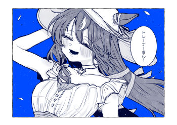 1girl absurdres animal_ears blue_background bow breasts closed_eyes collarbone commentary_request dress ear_ribbon floating_hair hair_bow hair_over_shoulder hand_on_headwear hat highres looking_at_viewer medium_breasts open_mouth rinren_(chun8chun8chun) simple_background sleeveless sleeveless_dress smile solo still_in_love_(umamusume) sun_hat translation_request umamusume