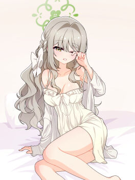 Rule 34 | 1girl, absurdres, blue archive, bow, braid, breasts, cleavage, collarbone, commentary request, densaneraa, grey hair, hair bow, hair intakes, hair ribbon, halo, highres, korean commentary, long hair, medium breasts, miyo (blue archive), nightgown, one eye closed, ribbon, ribbon braid, rubbing eyes, solo, white bow, white hair, white nightgown, yellow eyes