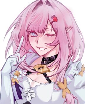 1girl ;o blue_eyes breasts butterfly_hair_ornament chinese_commentary cleavage commentary_request commission elf elysia_(honkai_impact) elysia_(miss_pink)_(honkai_impact) elysia_(miss_pink_elf)_(honkai_impact) gloves hair_ornament highres honkai_(series) honkai_impact_3rd large_breasts long_hair looking_at_viewer maid official_alternate_costume one_eye_closed pink_hair pointy_ears silebiefanwo46284 simple_background solo upper_body very_long_hair white_background white_gloves