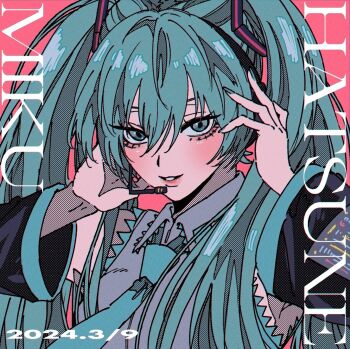 1girl aqua_eyes aqua_hair aqua_nails aqua_necktie aqua_trim black_sleeves blush breasts character_name collared_shirt dated detached_sleeves grey_shirt hair_between_eyes hair_ornament hands_in_own_hair hatsune_miku highres long_hair medium_breasts miku_day misejyuk nail_polish necktie parted_lips pink_background portrait shirt sleeveless sleeveless_shirt solo twintails vocaloid