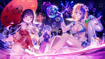 3girls absurdres aerial_fireworks akashic_chronicle bikini bikini_top_only blonde_hair blue_hair blush breasts center_opening city city_lights cleavage clothing_cutout collarbone covered_navel eyepatch festival fireworks frilled_swimsuit frills hanabi_(mobile_legends) highres kagura_(mobile_legends) large_breasts lemonpear lesley_(mobile_legends) long_hair looking_at_viewer lunox_(mobile_legends) multicolored_hair multiple_girls navel navel_cutout night night_sky o-ring o-ring_bikini o-ring_top one-piece_swimsuit open_mouth partially_submerged pointy_ears pool purple_hair rubber_duck short_hair side-tie_bikini_bottom sky sparkler summer summer_festival sweat swimsuit two-tone_hair umbrella very_long_hair