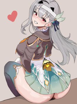 1girl artceister ass bandaged_head bandages black_jacket black_thighhighs blush breasts cosplay dress firefly_(honkai:_star_rail) firefly_(honkai:_star_rail)_(cosplay) goddess_of_victory:_nikke grey_hair heart highres honkai:_star_rail honkai_(series) huge_ass jacket large_breasts long_hair looking_at_viewer looking_back marian_(nikke) red_eyes short_dress simple_background sitting smile solo thick_thighs thighhighs thighs