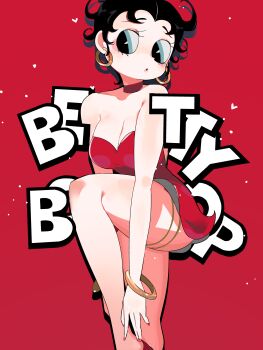 Rule 34 | 1girl, bare shoulders, betty boop, betty boop (series), black hair, blue eyes, bracelet, breasts, character name, choker, cleavage, commentary, copyright name, curly hair, dress, earrings, highres, hoop earrings, idkuroi, jewelry, looking at viewer, red background, red choker, red dress, red nails, short hair, sleeveless, sleeveless dress, thigh strap