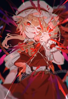 1girl :p ascot blonde_hair blood chain chayo_bababa clenched_hand collared_shirt commentary_request crystal crystal_wings flandre_scarlet hat highres long_hair mob_cap multicolored_wings one_side_up puffy_short_sleeves puffy_sleeves red_eyes red_skirt red_vest shirt short_sleeves skirt skirt_set solo tongue tongue_out touhou vest white_hat white_shirt wings wrist_cuffs