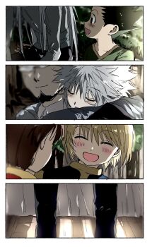 6+boys age_difference aged_down bed black_hair black_pants blonde_hair blurry brown_hair carrying child closed_eyes closed_mouth day depth_of_field facial_hair facing_viewer glasses goatee gon_freecss gotoh_(hunter_x_hunter) grey_hair happy highres hunter_x_hunter indoors kasukasugom1 killua_zoldyck kite_(hunter_x_hunter) kurapika leorio_paladiknight long_hair multiple_boys nature out_of_frame outdoors pairo pants piggyback short_hair side-by-side sitting sleeping smile spiked_hair split_screen standing