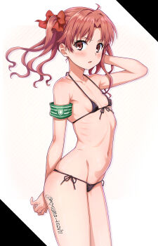1girl :o arched_back armband artist_name bikini black_bikini blush bow brown_hair collarbone commentary_request cowboy_shot emblem from_side front-tie_bikini_top front-tie_top green_armband hair_bow isshi_pyuma judgement_armband_(toaru) long_hair micro_bikini navel red_bow red_eyes shiny_skin shirai_kuroko side-tie_bikini_bottom solo string_bikini swimsuit toaru_kagaku_no_railgun toaru_majutsu_no_index twitter_username two-tone_background white_background