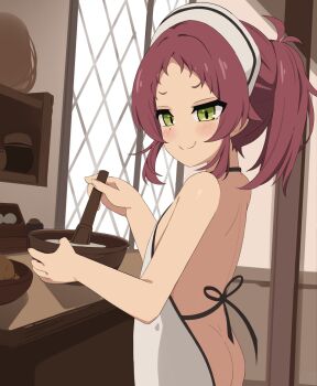 1girl aisha_greyrat apron ass back blush cooking green_eyes highres loli long_hair looking_at_viewer mushoku_tensei naked_apron ponytail red_hair smile solo tenroy white_apron