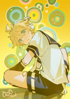 1boy absurdres ahoge artist_logo blonde_hair blue_eyes detached_sleeves from_behind full_body hashtag-only_commentary headphones highres indian_style kagamine_len leaning_forward logo looking_back male_focus parted_lips ponytail sailor_collar short_ponytail short_sleeves shorts sitting solo vocaloid yellow_background yonab