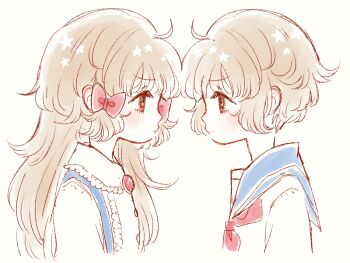 Rule 34 | 1boy, 1girl, annoyed, blue sailor collar, bow, brooch, brother and sister, brown eyes, brown hair, buttons, center frills, closed mouth, collared shirt, commentary, cropped torso, eleanor (ohmyeleanor), eyelashes, face-to-face, frilled shirt collar, frills, furrowed brow, goldia die heilige, hair bow, heads together, henri die heilige, jewelry, light blush, long hair, long sleeves, neckerchief, pocket mirror, red bow, red neckerchief, sailor collar, sailor shirt, shirt, short hair, siblings, simple background, star (symbol), star in eye, suspenders, symbol in eye, tareme, very long hair, white background, white shirt