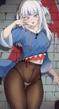 Rule 34 | 1girl, :p, absurdres, aged up, animal costume, black pantyhose, blue eyes, blue hoodie, blue streaks, blunt bangs, commentary, covered navel, cowboy shot, cropped hoodie, english commentary, fins, fish tail, gawr gura, gawr gura (1st costume), grey hair, hair ornament, high-waist pantyhose, highres, hololive, hololive english, hood, hoodie, iver (reviolet), long hair, long sleeves, looking at viewer, no pants, panties, panties under pantyhose, pantyhose, shark costume, shark girl, shark hair ornament, shark tail, solo, tail, thigh gap, tongue, tongue out, two side up, underwear, v, v over eye, virtual youtuber, white panties