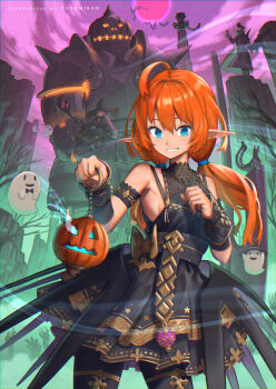 1boy 3girls ahoge artist_name black_bow black_bowtie black_hat blue_eyes bow bowtie breasts cat commentary elf english_commentary fantasy ghost grin halloween hat highres long_hair looking_at_viewer low_twintails multiple_girls nagi_itsuki orange_hair original parted_lips pointy_ears small_breasts smile teeth twintails witch_hat