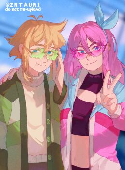 Rule 34 | 1boy, 1girl, adjusting eyewear, alternate costume, antenna hair, artist name, aubrey (faraway) (omori), aubrey (omori), basil (faraway) (omori), basil (omori), blonde hair, blue eyes, blue hairband, blue nails, blurry, blurry background, cardigan, closed mouth, commentary, crop top, double-parted bangs, ear piercing, english commentary, green-tinted eyewear, green cardigan, hair between eyes, hairband, hand on another's shoulder, highres, hood, hood down, long hair, long sleeves, multicolored nails, omori, open cardigan, open clothes, piercing, pink-tinted eyewear, pink hair, pink nails, short hair, sidelocks, smile, sunglasses, sweater, tinted eyewear, turtleneck, turtleneck sweater, v, white sweater, zntauri