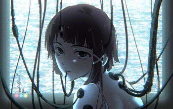 1girl absurdres asymmetrical_hair backlighting brown_eyes brown_hair cable chromatic_aberration commentary crt english_commentary expressionless eyelashes hair_ornament hairclip highres iwakura_lain looking_at_viewer looking_back monitor monochrome nulvilxii parted_lips power_lines serial_experiments_lain short_hair signature single_sidelock solo static upper_body wire x_hair_ornament