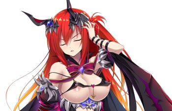 Rule 34 | 1girl, areola slip, bare shoulders, blush, bow, bowtie, breasts, chikubi (artist), closed eyes, corruption, covered erect nipples, dark persona, game cg, gradient hair, hair ornament, hand on own head, hand to head, horns, kusarou, large breasts, large variant set, long hair, mahou shoujo inori, mamiya inori, multicolored hair, nipple slip, nipples, non-web source, official art, open mouth, orange hair, red hair, solo, transparent background, upper body, variant set