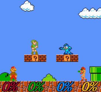 Rule 34 | 1girl, 3boys, 8-bit, 8bit, ? block, brown footwear, brown hair, brown shirt, capcom, cloud, crossover, day, facial hair, fake screenshot, famicom, from side, full body, game console, green headwear, link, mario, mario (series), mega man (character), mega man (series), metroid, multiple boys, multiple crossover, mustache, nes, nintendo, outdoors, overalls, parody, percentage, pixel art, pointy ears, red headwear, red overalls, retro artstyle, samus aran, shirt, sky, standing, super mario bros. 1, super smash bros., sword, the legend of zelda, warp pipe, weapon, wide shot