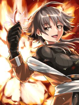 1girl absurdres ahoge arknights belt bite_the_dust_(jojo) black_gloves black_sweater brown_eyes brown_hair cosplay explosion gloves hair_between_eyes highres jacket kira_yoshikage kira_yoshikage_(cosplay) looking_to_the_side mayer_(arknights) nose open_mouth orange_jacket out_of_frame parody red_lightning ribbed_sweater schnuz short_hair_with_long_locks solo sweater teeth turtleneck turtleneck_sweater upper_teeth_only white_belt