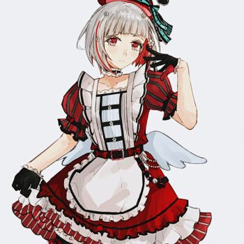 1girl alternate_costume aoi_(byb_babylon) aqua_ribbon black_gloves collarbone colored_inner_hair commentary diagonal_bangs dress flower frilled_dress frilled_gloves frills gloves grey_hair hair_flower hair_ornament half_gloves hashtag-only_commentary hat hat_ribbon highres link!_like!_love_live! looking_at_viewer love_live! multicolored_hair puffy_short_sleeves puffy_sleeves red_dress red_eyes red_hat ribbon short_sleeves simple_background skirt_hold solo streaked_hair striped_ribbon virtual_youtuber white_background white_flower yugiri_tsuzuri