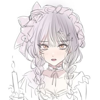 Rule 34 | 1girl, braid, breasts, candle, chinese commentary, commentary request, crying, crying with eyes open, greyscale, hair between eyes, hair ornament, happy (yppah1060), hat, highres, hololive, hololive english, light blush, looking at viewer, low twin braids, medium breasts, monochrome, nightgown, open clothes, open mouth, portrait, shiori novella, shiori novella (sleepwear), simple background, sketch, sleepwear, solo, spot color, tears, twin braids, virtual youtuber, yellow eyes