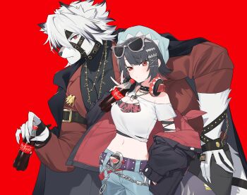 1boy 1girl absurdres animal_ears belt black_hair black_jacket bottle breasts cleavage closed_mouth coca-cola commentary_request crop_top denim ellen_joe eyewear_on_head fins fish_tail furry furry_male gloves guest_art hair_between_eyes hand_on_own_hip hat hayashi_kewi headphones headphones_around_neck highres holding holding_bottle jacket jeans jewelry looking_at_viewer midriff mole mole_under_eye nail_polish necklace off_shoulder pants red_background red_eyes ring shark_girl shark_tail short_hair simple_background soda_bottle studded_choker sunglasses tail v von_lycaon wolf_boy wolf_ears wolf_tail zenless_zone_zero