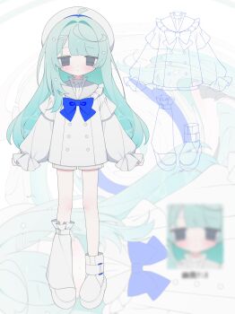 1girl aqua_hair blue_bow blue_bowtie boots bow bowtie frilled_shirt_collar frills full_body hat highres leg_warmers long_hair long_sleeves original sailor_hat sakakiai shirt short_shorts shorts single_leg_warmer standing straight-on white_boots white_leg_warmers white_shirt white_shorts