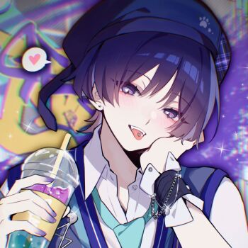 1boy alternate_costume aqua_necktie beret blunt_ends chain coffee collared_shirt cup disposable_cup drinking_straw ear_piercing eyeliner eyeshadow genshin_impact gradient_eyes gradient_hair graffiti hair_intakes hand_on_own_cheek hand_on_own_face hat heart highres holding holding_cup iced_coffee makeup male_focus multicolored_eyes multicolored_hair multicolored_vest necktie official_alternate_costume paw_print piercing pink_eyes pink_hair purple_eyes purple_hair purple_nails purple_vest red_eyeliner red_eyeshadow scaramouche_(genshin_impact) shirt solo sparkle tongue tongue_out tongue_piercing unbuttoned unbuttoned_shirt vest w02_14 wanderer_(genshin_impact) wanderer_(mega_mgc_coffee)_(genshin_impact) white_shirt wrist_cuffs