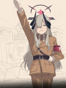 Rule 34 | 1girl, armband, belt, black belt, black halo, black horns, blue archive, blue eyes, brown coat, brown necktie, brown pants, coat, collared shirt, commentary request, cowboy shot, fuka (kantoku), gehenna academy logo, gloves, grey hair, hair over one eye, halo, highres, horns, long hair, long sleeves, looking at viewer, makoto (blue archive), nazi, necktie, pants, salute, shirt, solo, straight-arm salute, white gloves, white shirt