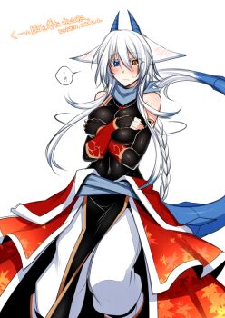 Rule 34 | 1girl, alternate costume, animal ears, bare shoulders, blue eyes, blush, braid, breasts, covered navel, covering breasts, covering privates, dragon horns, dragon tail, ear blush, embarrassed, female focus, fox ears, heterochromia, horns, jewelry, konshin, large breasts, long hair, necklace, orange eyes, orie hakua, pixiv fantasia, pixiv fantasia new world, silver hair, skin tight, solo, sweat, tail, very long hair