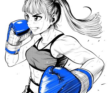 Rule 34 | 1girl, abs, boxing, boxing gloves, boxing shorts, breasts, commentary request, flying sweatdrops, greyscale, hatching (texture), highres, lee (dragon garou), medium breasts, monochrome, motion lines, mouth guard, original, punching, shorts, solo, sports bra, spot color, sweat, toned, toned female, twintails, upper body, very sweaty