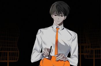 1boy black_eyes black_hair collared_shirt cutting expressionless half-closed_eyes hinizana holding holding_scissors kim_dokja male_focus mannequin necktie omniscient_reader&#039;s_viewpoint orange_necktie scissors shirt short_hair solo upper_body white_shirt