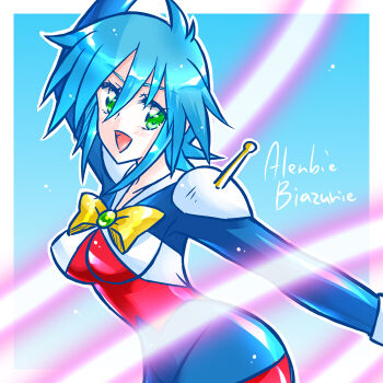 1girl :d allenby_beardsley aya@tsuyuri beam_ribbon blue_bodysuit blue_hair bodysuit breasts character_name commentary_request g_gundam green_eyes gundam looking_at_viewer mecha_pilot_suit medium_breasts mobile_trace_suit multicolored_bodysuit open_mouth red_bodysuit short_hair skin_tight smile solo