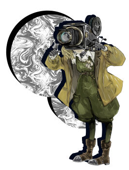 Rule 34 | absurdres, belt, blonde hair, boots, brown boots, crank, film reel, full body, green overalls, highres, jacket, loggerhead (reverse:1999), metal skin, movie camera, object head, overalls, pocket, reverse:1999, shadow, shirt, user ymfr7478, white background, white shirt, yellow jacket