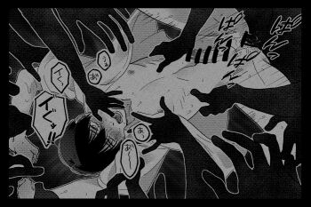 1boy anal arms_up bar_censor black_border blush border bottomless censored collarbone commentary cowboy_shot disembodied_hand disembodied_penis donchan erection finger_in_another&#039;s_mouth greyscale hand_on_another&#039;s_chest hand_on_another&#039;s_hip hikaru_ga_shinda_natsu holding_another&#039;s_wrist lying male_focus monochrome motion_lines nipples on_back open_clothes open_mouth open_shirt penis reaching reaching_towards_another screentones short_hair short_sleeves speech_bubble sweat tearing_up translated yaoi