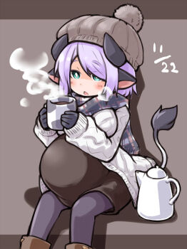 1girl animal_ears beanie big_belly blue_eyes blush boots bright_pupils cardigan coffee coffee_pot commentary_request cow_ears cow_girl cow_horns cow_tail cup female_focus gloves hat highres horns kugelschreiber light_purple_hair mug open_cardigan open_clothes original pregnant scarf short_hair sitting solo steam tail