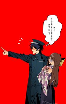 Rule 34 | 1boy, 1girl, ^ ^, alternate costume, arm around shoulder, artist name, black coat, black hair, black hat, black jacket, black pants, blue hakama, blunt bangs, blush, book, bow, brown hair, buttons, closed eyes, coat, commentary request, cowboy shot, faceless, faceless female, from side, hair between eyes, hair bow, hakama, hakama skirt, half updo, hand on another's shoulder, hand up, hat, head tilt, high-waist skirt, high collar, highres, holding, holding book, jacket, jacket under coat, japanese clothes, kimono, kohan oekaki, large bow, layered clothes, long hair, long sleeves, meiji schoolgirl uniform, name tag, notice lines, open clothes, open coat, open mouth, pants, peaked cap, pointing, print kimono, purple kimono, randal's friends, red background, school uniform, shirt, short hair, signature, simple background, skirt, smile, speech bubble, straight hair, sweatdrop, taishou, talking, translated, tsukada satoru, turn pale, twitter username, two-tone kimono, uncomfortable, viewer self-insert, white kimono, white shirt, wide sleeves, yagasuri, yellow bow