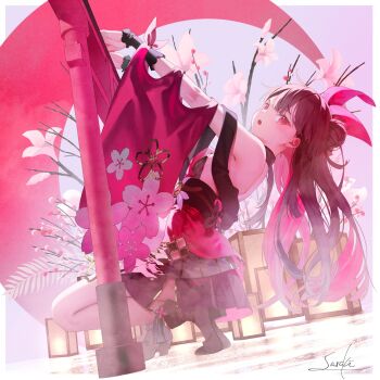 1girl backless_dress backless_outfit black_boots black_hair boots commentary_request detached_sleeves dress floral_print floral_print_kimono flower highres japanese_clothes kimono long_hair looking_at_viewer multicolored_hair obi original pink_eyes pink_hair pleated_skirt print_kimono red_kimono saraki sash signature skirt solo torii two-tone_hair