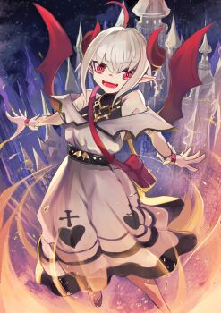 1girl absurdres ahoge bag bare_shoulders belt belt_collar bracelet broken_heart_print cloud collar colored_tips cross cross_print curled_horns demon_girl demon_horns demon_wings dress dyed_ahoge fangs flying foot_out_of_frame frilled_dress frills gloves grey_hair hair_between_eyes handbag heart heart_print highres horns jewelry long_dress looking_at_viewer makaino_ririmu makaino_ririmu_(1st_costume) multicolored_hair night nijisanji off-shoulder_dress off_shoulder open_mouth outstretched_arms pointy_ears red_bag red_collar red_eyes red_horns red_streaks red_wings san_(harutuki_3) shirt_under_dress shoes short_hair shoulder_bag sidelocks sky solo sparkle_background spread_arms streaked_hair tower undershirt virtual_youtuber white_dress white_gloves white_shoes wings