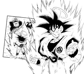 2boys aura bubbles_(dragon_ball) dougi dragon_ball dragonball_z fenyon halo highres monkey monochrome multiple_boys north_kaiou simple_background solo_focus son_goku spiked_hair white_background