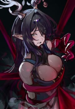 1girl absurdres antlers bare_shoulders breasts cleavage deer_antlers dress genshin_impact hair_over_one_eye highres horns imminent_breast_grab imminent_grope large_breasts lauma_(genshin_impact) long_hair looking_at_viewer m3ru pointy_ears sketch sweat unfinished