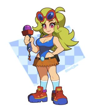 Rule 34 | 1girl, bare shoulders, belt, black belt, blonde hair, blue leotard, blue socks, breasts, commentary, cornflowerblue, english commentary, eyewear on head, heart, highres, holding, holding microphone, large breasts, leather, leather skirt, leotard, long hair, looking at viewer, microphone, pink eyes, race flag, red-framed eyewear, red shoes, sally mcrally, shoes, simple background, skirt, socks, twitter username, victory heat rally