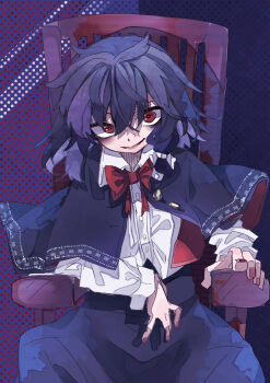 absurdres black_capelet black_skirt blood blood_stain bow bowtie buttons capelet chair collar commentary evil_smile highres long_sleeves medium_hair muraryo nail_polish no_headwear red_bow red_bowtie red_eyes red_nails shirt sitting skirt sleeve_cuffs smile touhou usami_renko white_collar white_shirt